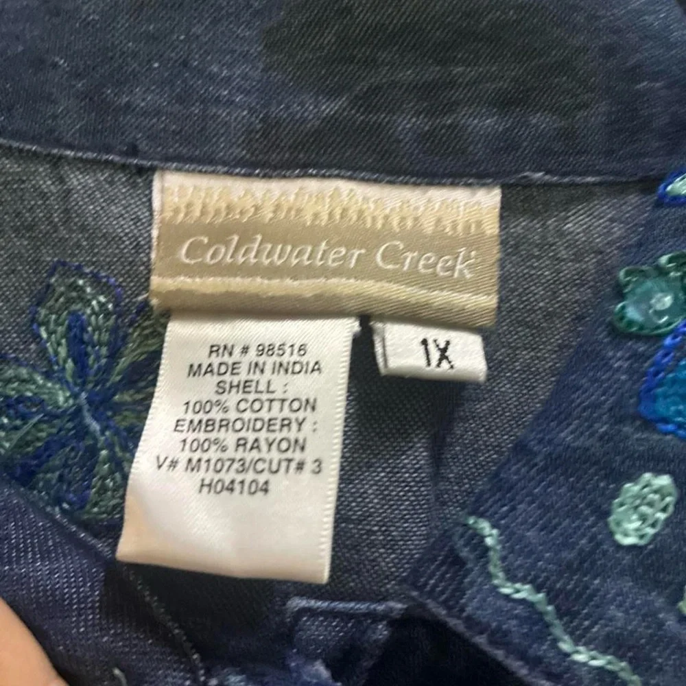 Coldwater Creek Dark Blue Denim Jacket with Blue Floral Embroidery